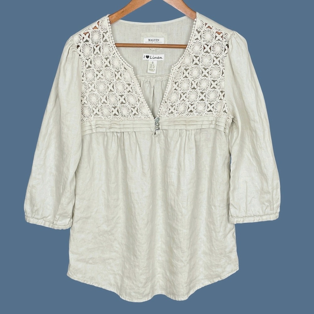 Womens Beige 100% Linen‎ Crochet Lace Top Size S Coastal Minimalist 3/4 Sleeve